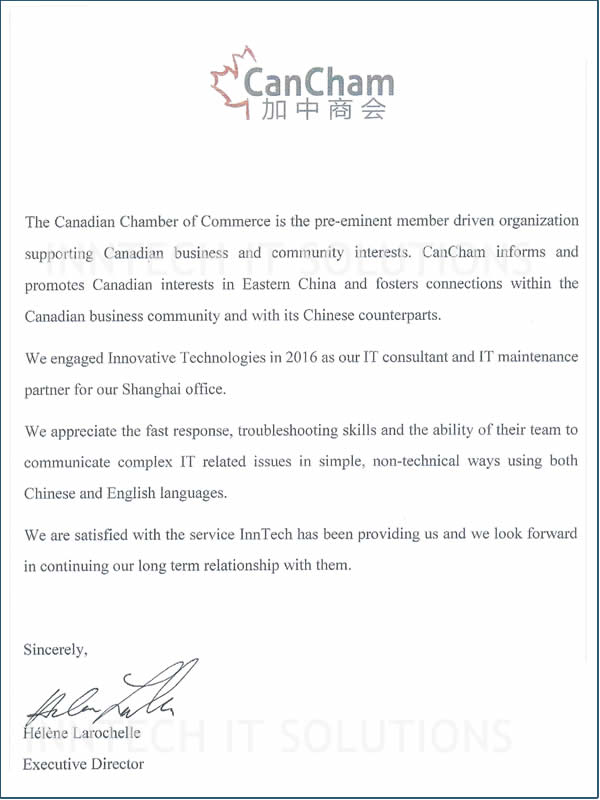 CanCham Shanghai reference letter to InnTech IT Solutions for fast response and troubleshooting skills for IT Support