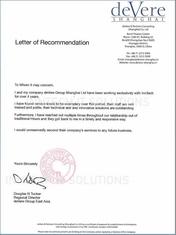Devere Group China reference letter to InnTech IT Solutions