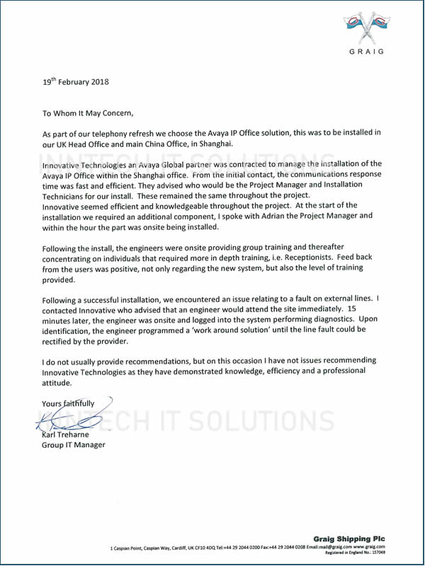 Graig Shipping reference letter to InnTech IT Solutions for demonstrating knowledge, efficiency and professional attitude