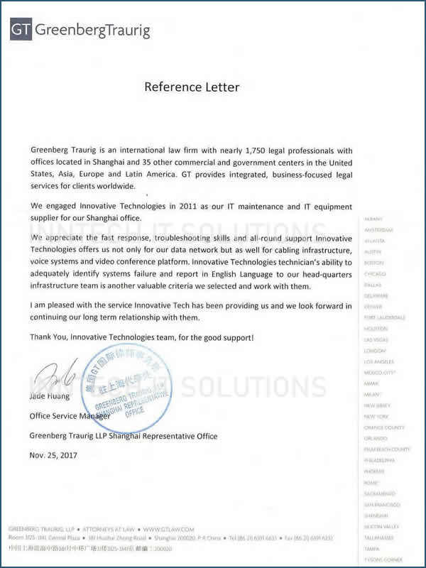 GreenbergTraurig reference letter to InnTech IT Solutions