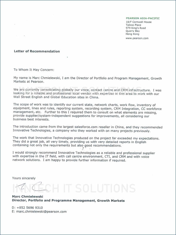 Pearson Education reference letter to InnTech IT Solutions for amazing job on voice systems auditing and consulting