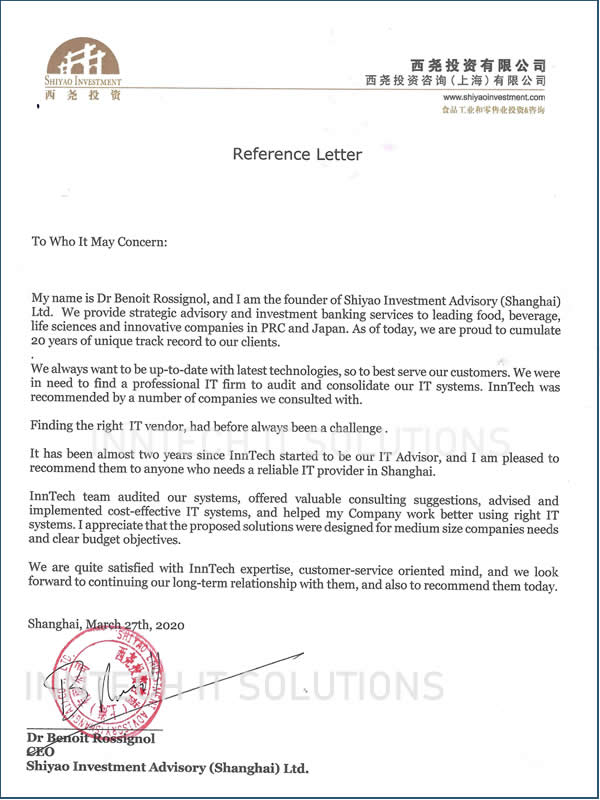 Shiyao Invesment - reference letter to InnTech IT Solutions