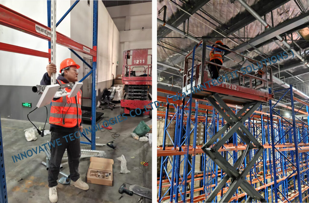 InnTech technicians performing installation of Meraki Wifi for warehouse at height