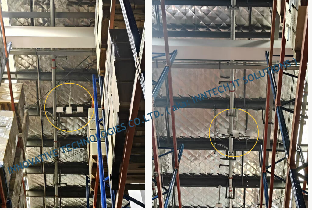 Industrial ceiling with exposed ducts, pipes, and metal racking; yellow circles highlight electrical components (hazard area) above workspace