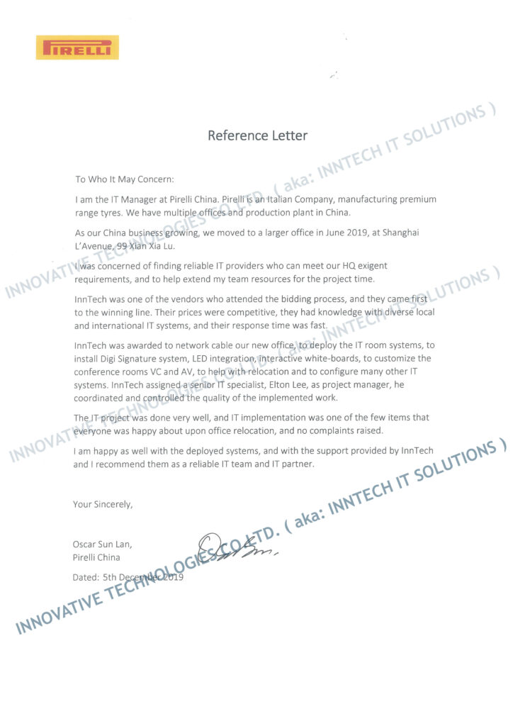 Reliable IT Providers in China | Pirelli Client Endorsement Letter
