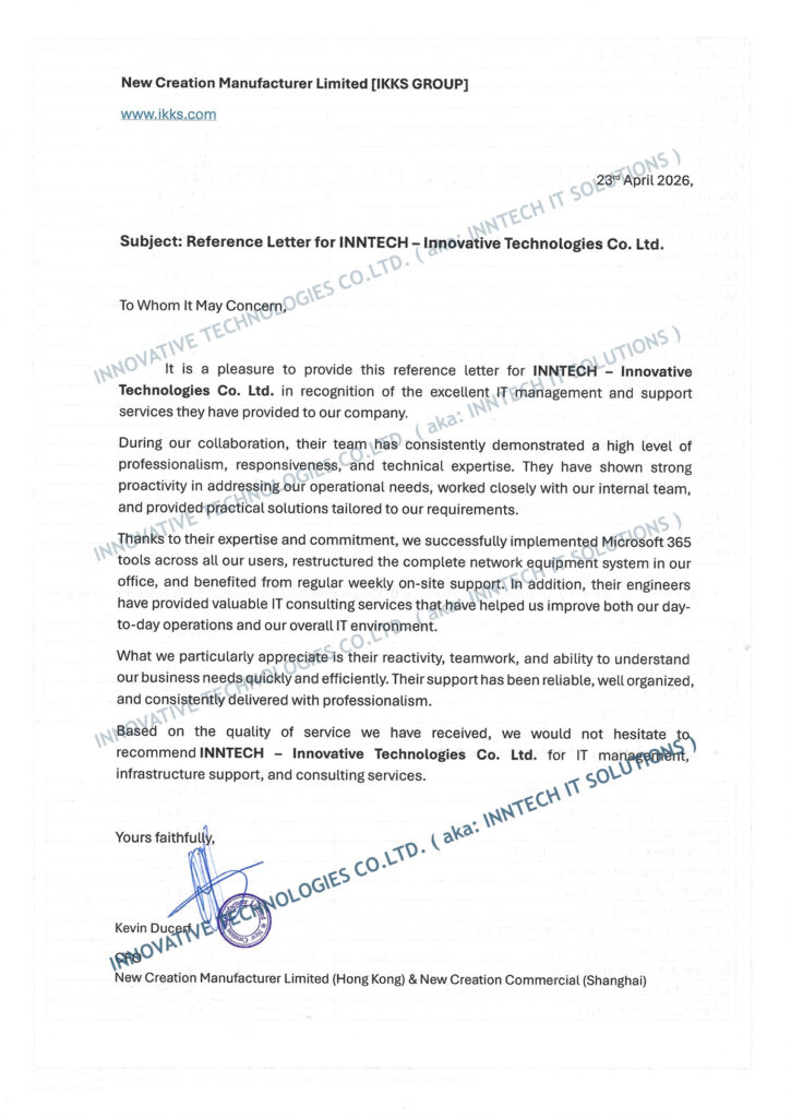 Practical IT Services in China: The IKKS Reference Story. dated 23 April 2026 praising INTECH – Innovative Technologies Co. Ltd for IT services, signed with stamp and signature.
