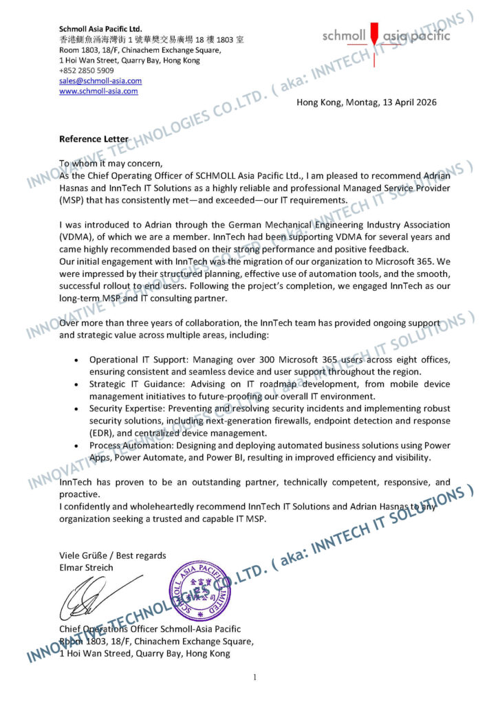 IT Services in China. Schmoll Reference Letter for Professional IT Services in China.